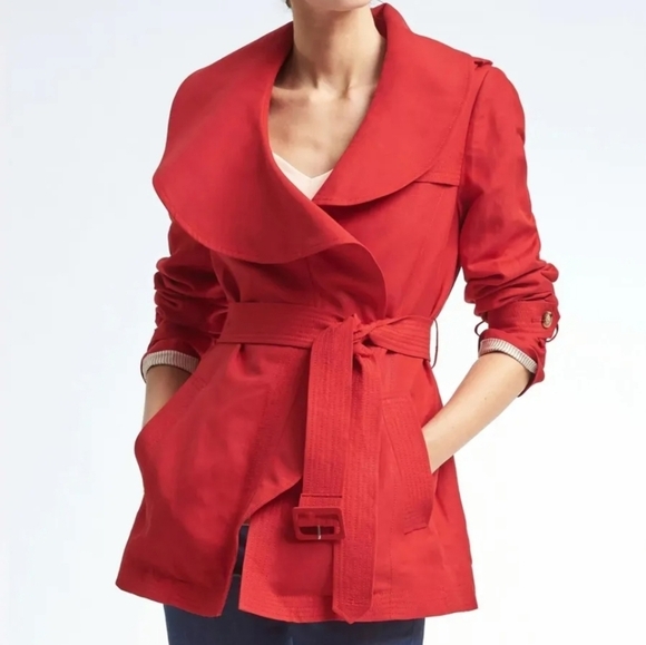 Banana Republic Red Linen Blend Ruffle Collar  Belted Trench Coat M NWOT - Picture 1 of 9